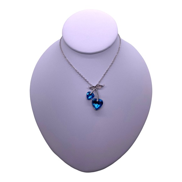 Imitation Blue Topaz Cubic Zirconia CZ Gemstone Cherry Cherries Heart Necklace - Picture 3 of 5